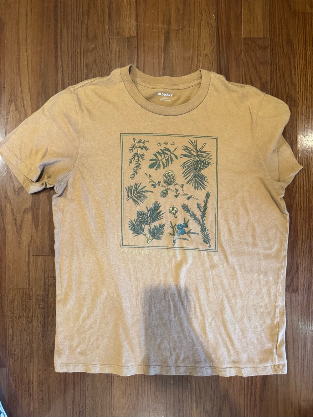Old Navy Tan Short-Sleeve Tee with Green Botanical Print
